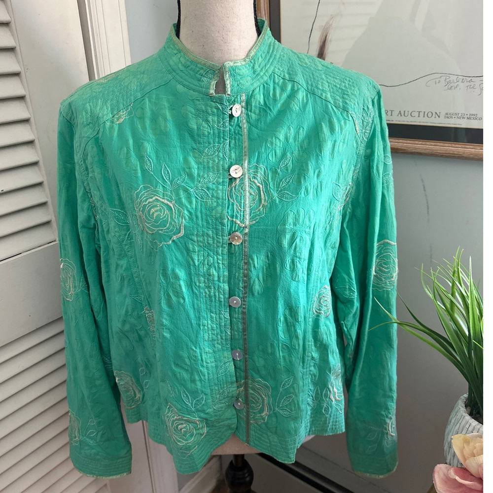 Mirasol Jacket Womens XL Green Embroidered Mandarin Collar Artsy Boho Chic